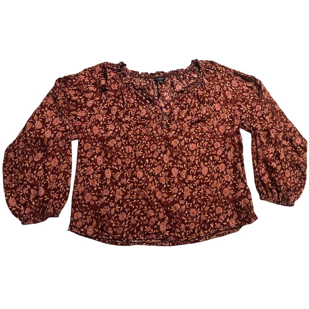 LUCKY BRAND Women's Small Red Floral Print Balloon-Sleeve V-Neck Smocked Blouse